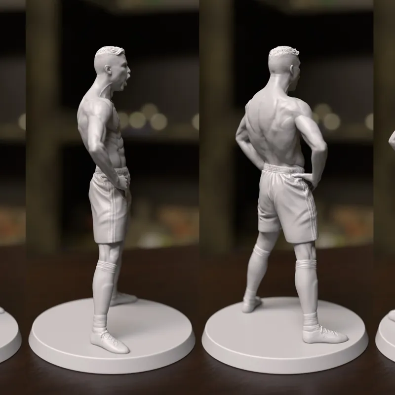 Side and back views of a 3D printed football player statue on round bases
