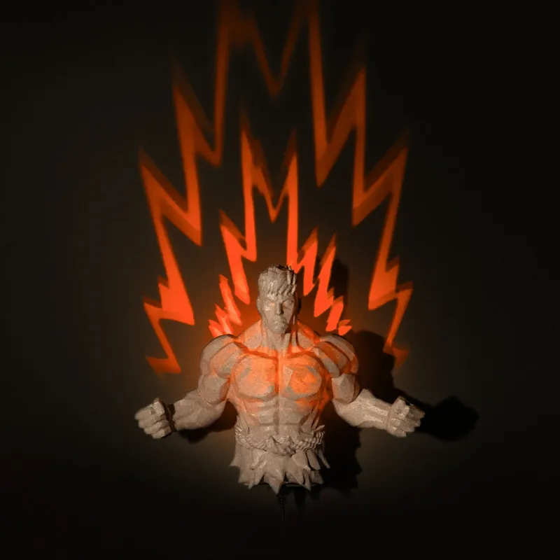 3D printed powered-up fighter wall light casting orange energy shadows