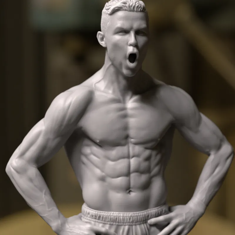 3D printed football player statue in grey, hands on hips