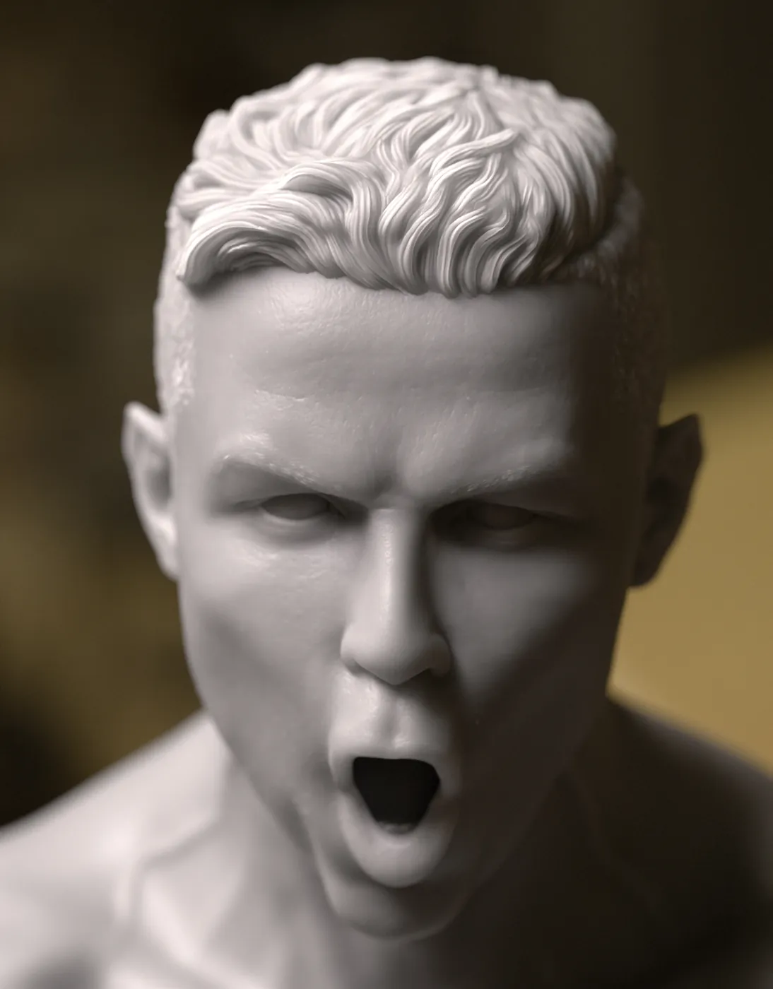 Detailed face of a 3D printed football player bust, mouth open in celebration