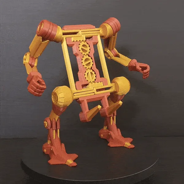 Red and gold 3D printed robot exo-suit phone stand on a turntable