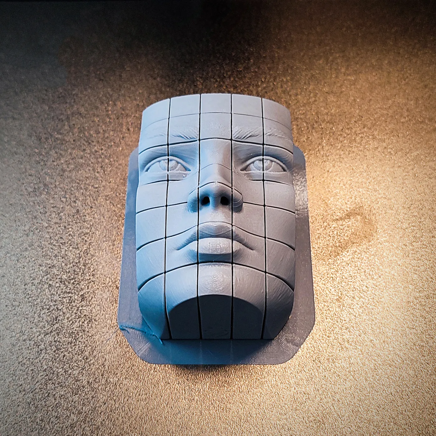 Blue 3D printed pixel-block face with a calm female expression